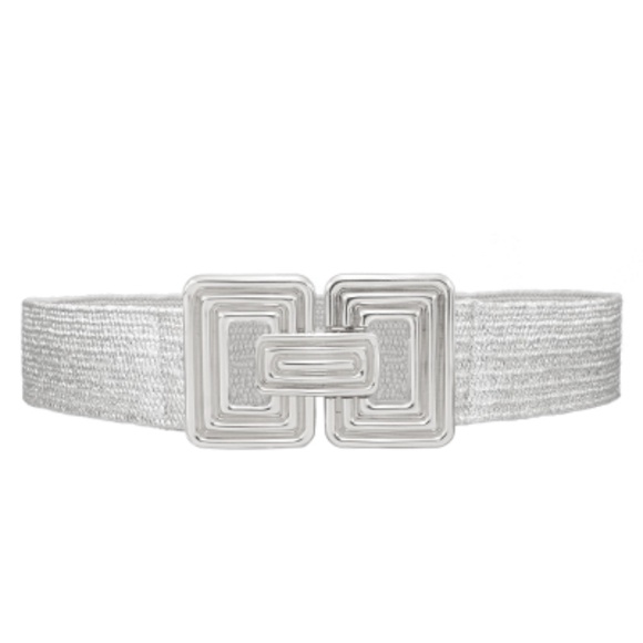 Ribbed Rectangle Buckle Metallic Straw Belt